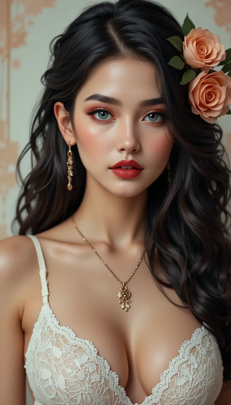 Donna glamour con rosa e reggiseno di pizzo su sfondo astratto