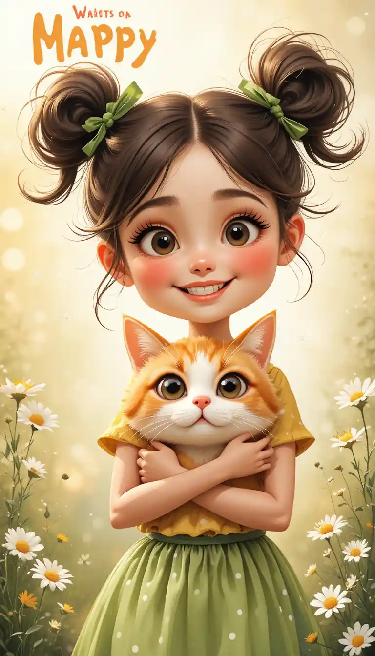 いたずらな女の子がふわふわのオレンジ色の猫を抱きしめている