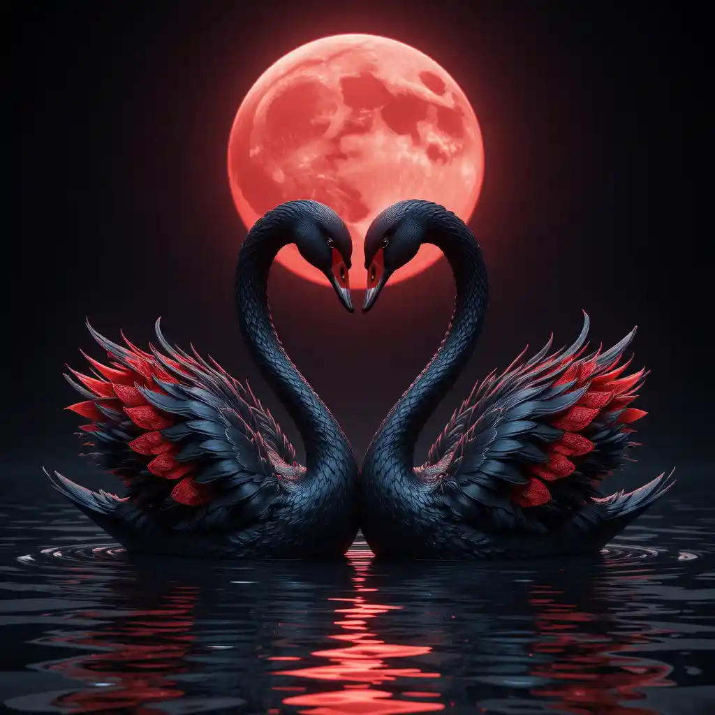 Two black swans forming a heart on a moonlit lake