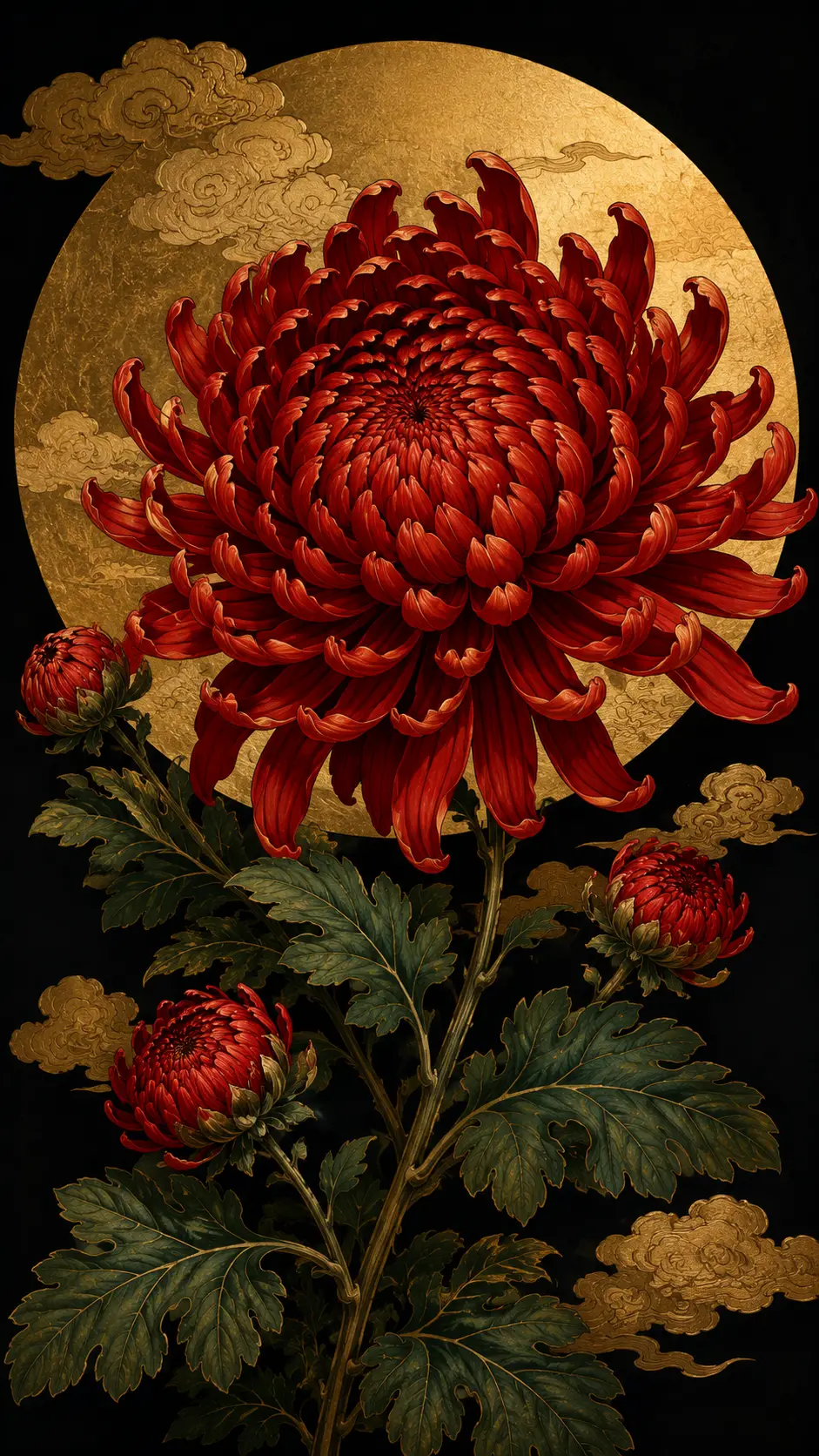 Red chrysanthemum illustration on golden circular background