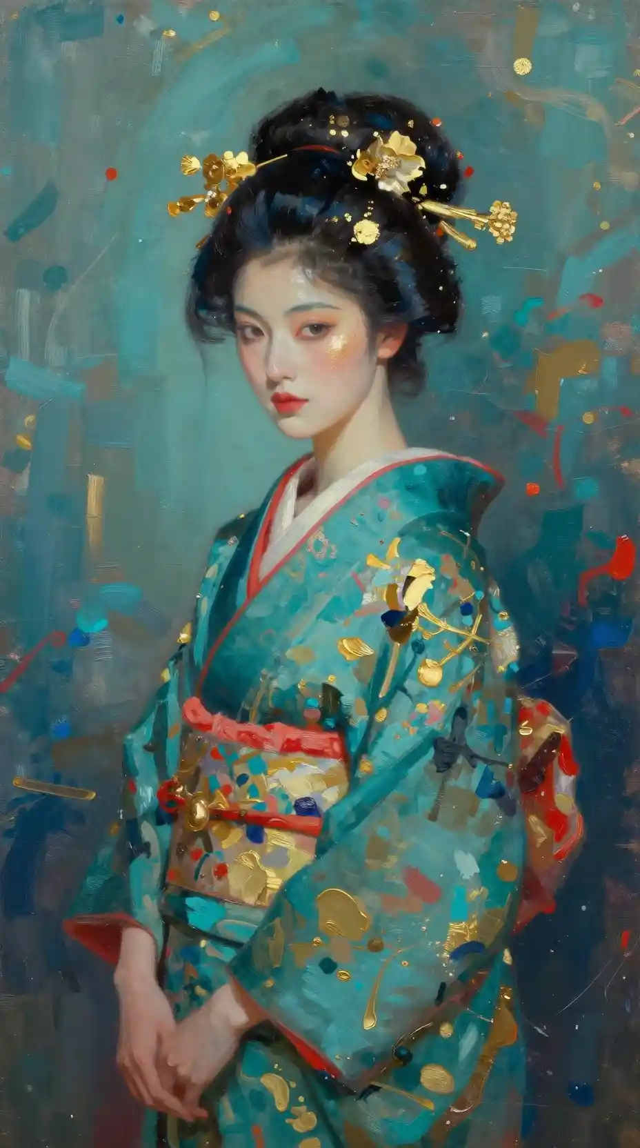 Stylized portrait of a woman in abstract painterly kimono