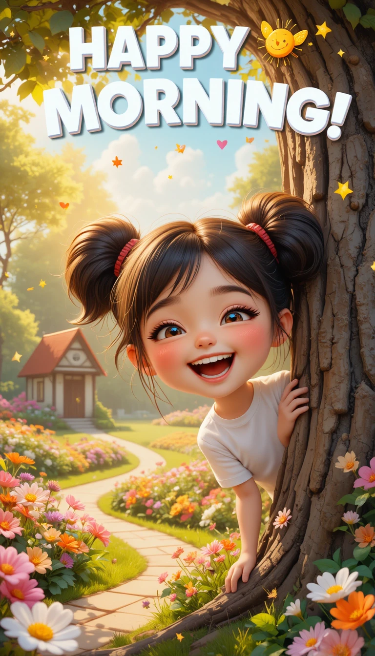 Smiling little girl peeking from a tree at sunrise