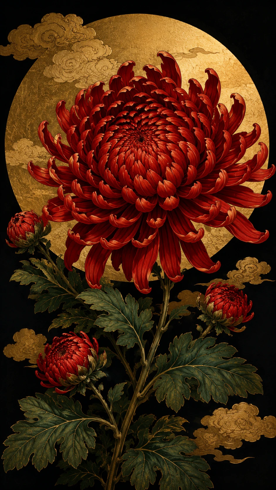 Illustrazione di crisantemo rosso su sfondo circolare dorato