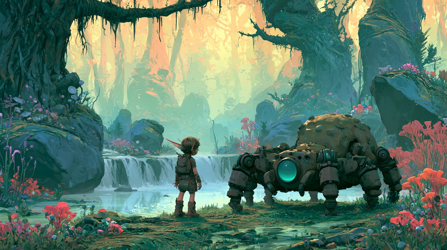 Tiny fairy princess warrior by a spider in enchanted woods