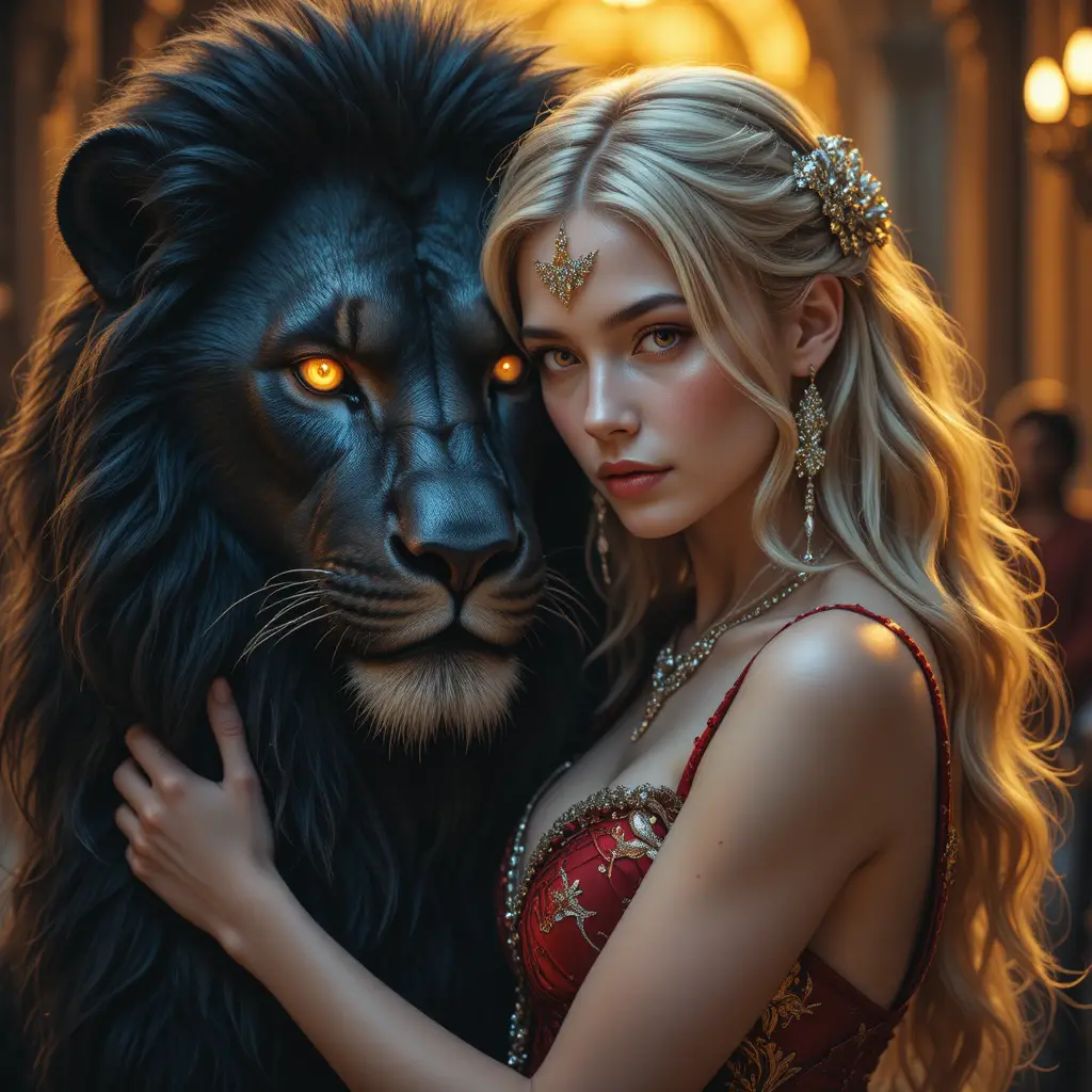 Donna in rosso che abbraccia un leone nero nella luce dorata