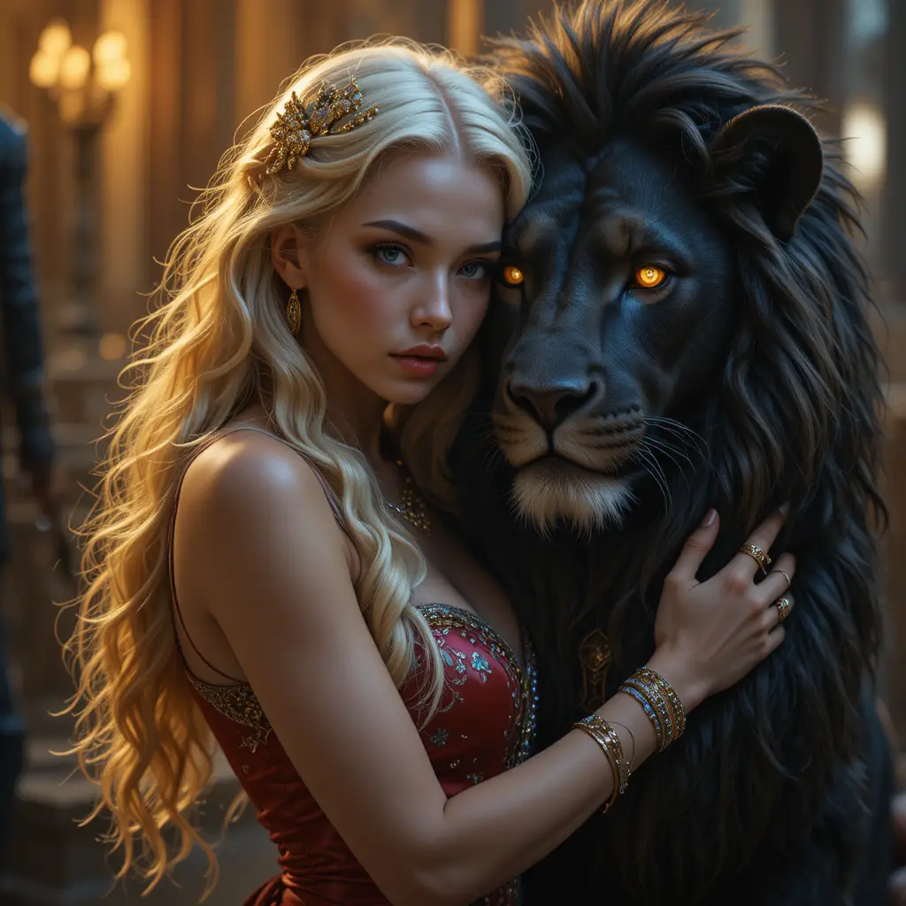 Donna in rosso che abbraccia un leone nero nella luce dorata