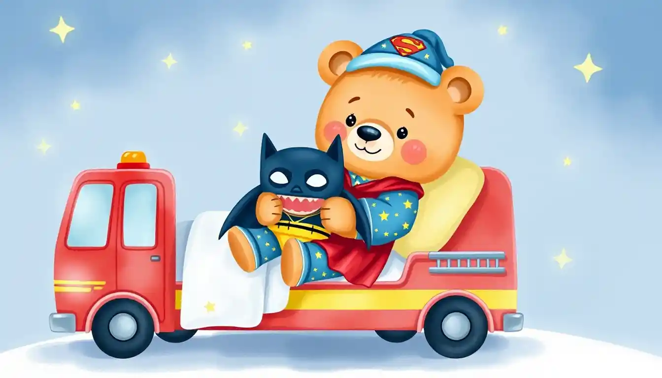 Cute bear cub in pajamas on a playful fire truck bed