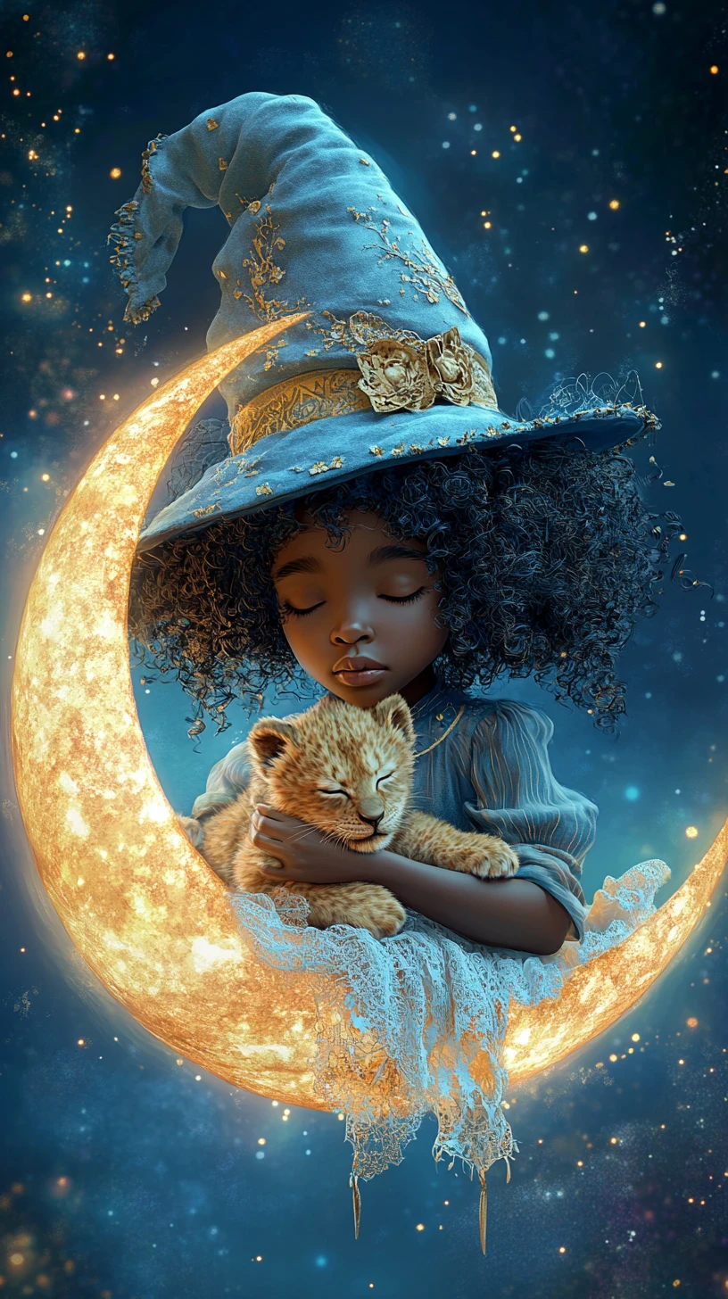 Young child with lion cub in glowing celestial crescent