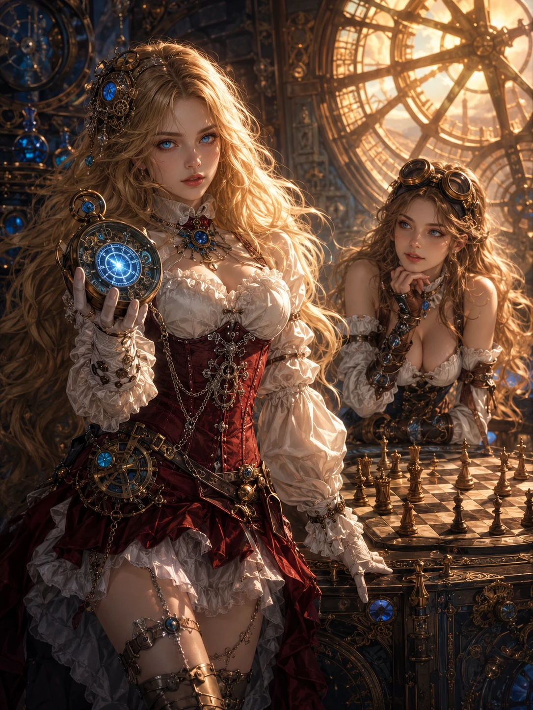 Mujer steampunk con cabello brillante sosteniendo un reloj de bolsillo