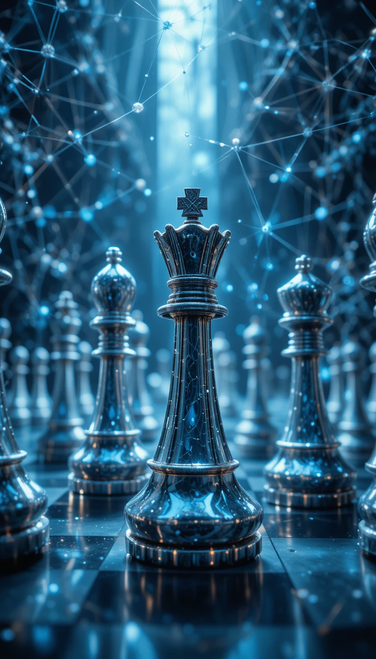 Futuristic chess kings and queens in a digital network