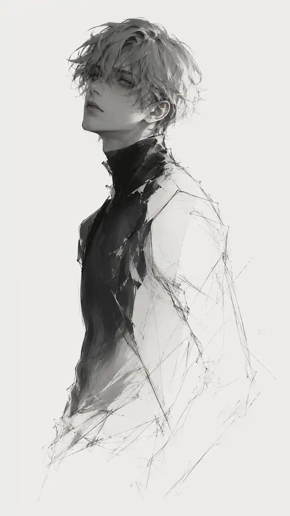 Anime style figure fading into sketch lines on white