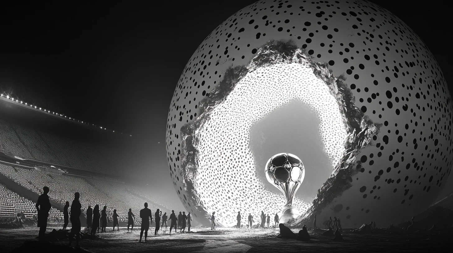 Giant Cracked Soccer Ball Revealing Glowing Trophy In Stadium