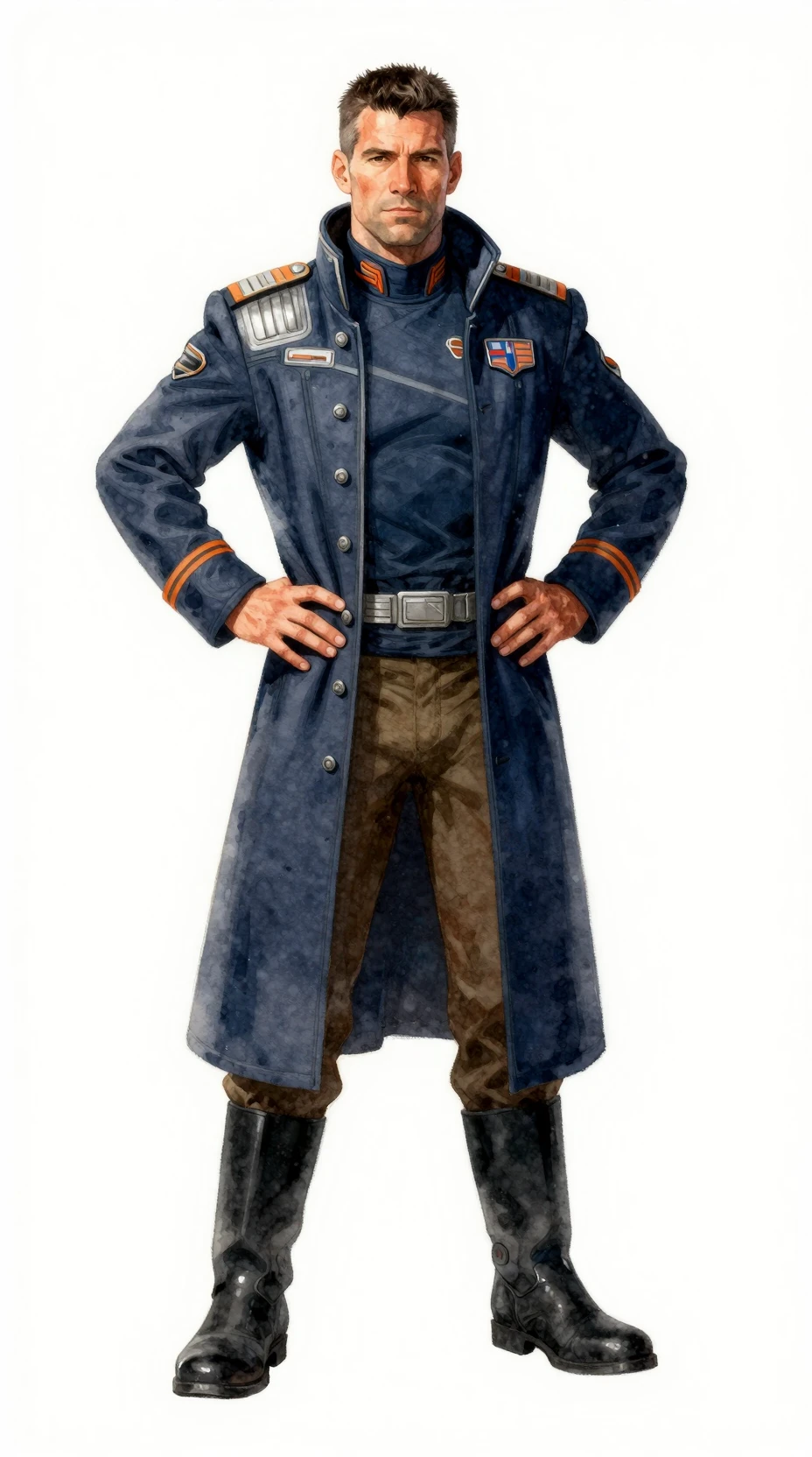 Confident starship captain in futuristic navy blue uniform