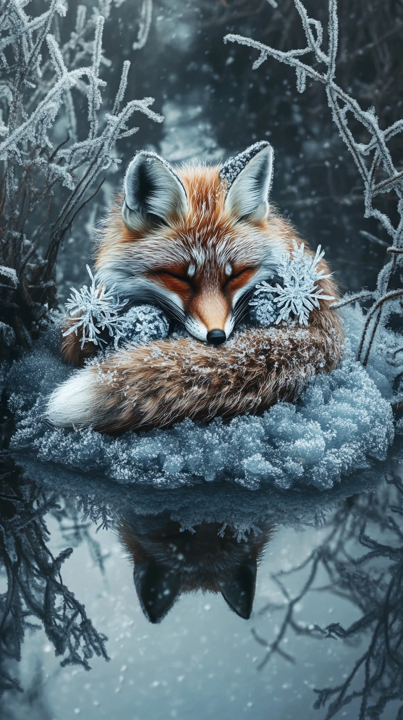 Fox resting on a frozen pond in pale blue winter light