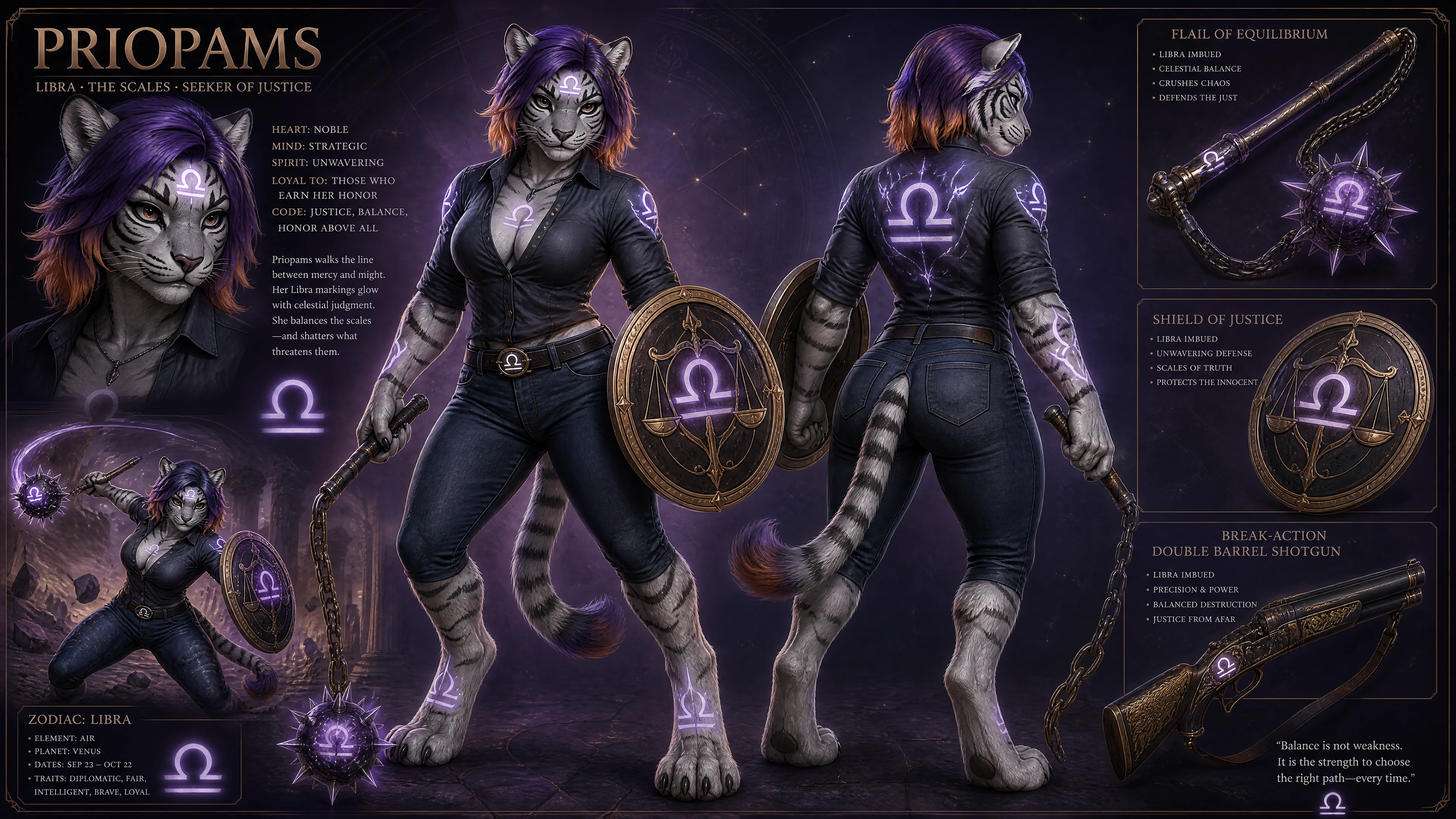 Anthro silver tiger woman with glowing Libra zodiac armor