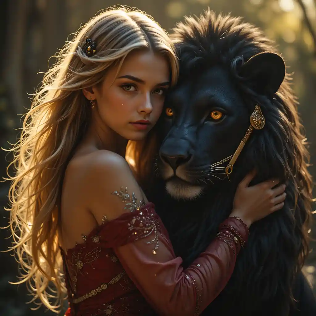 Woman in red embracing a black lion in golden light