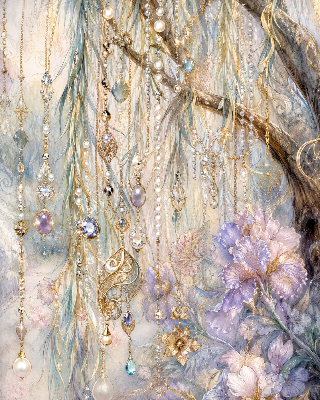 Close up jewelry moodboard on a weeping willow tree