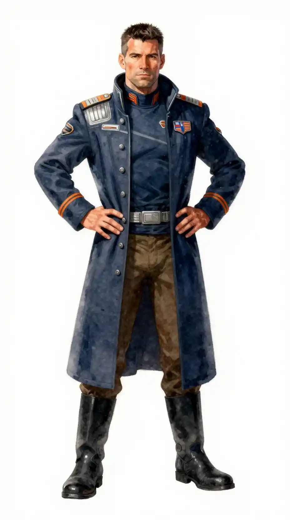 Confident starship captain in futuristic navy blue uniform