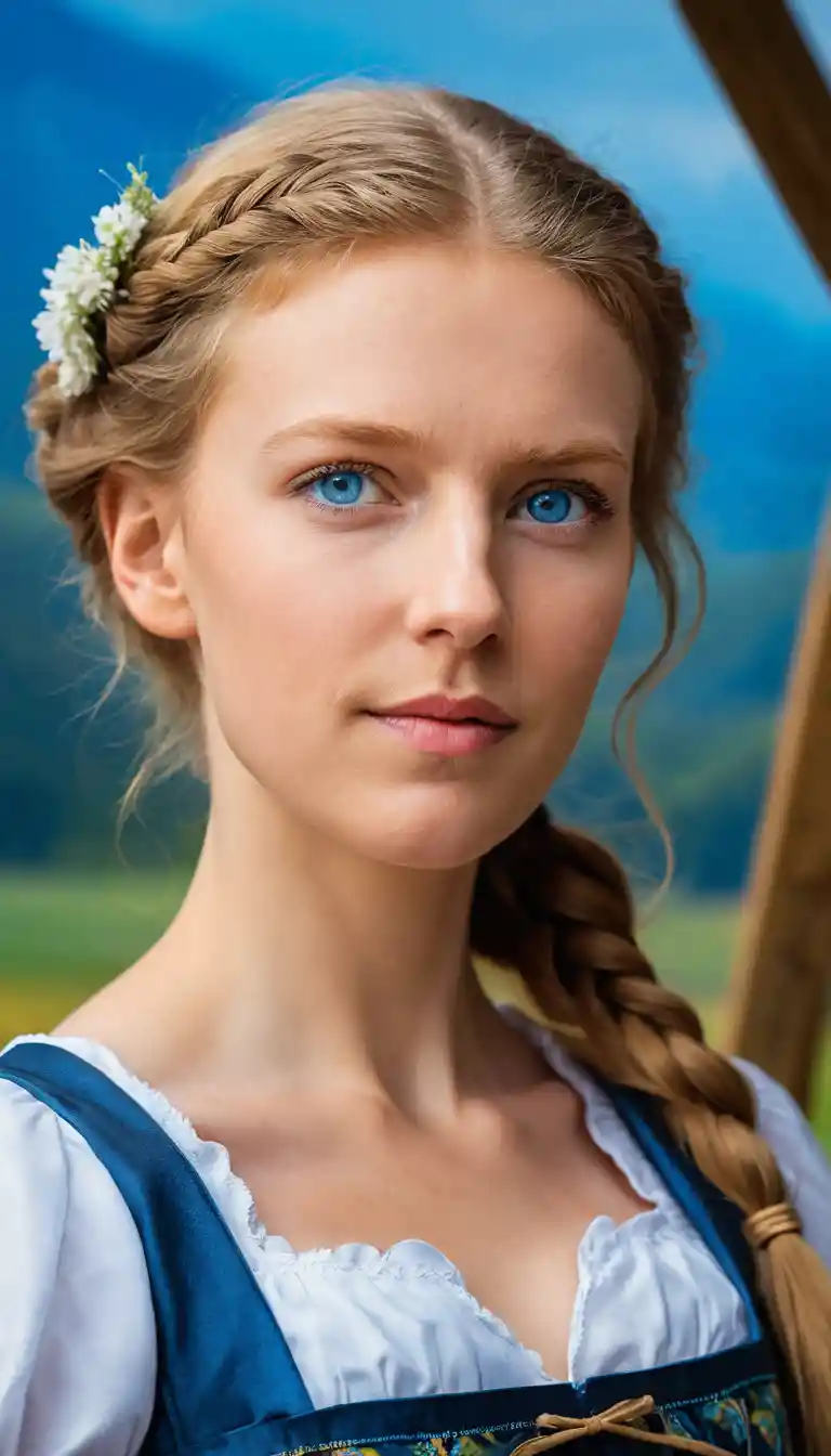 Blonde woman in blue dirndl taking selfie at beer fest