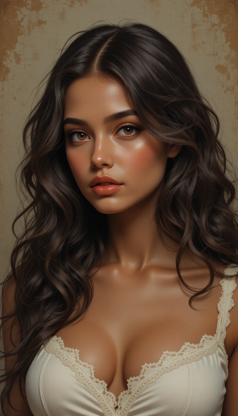 Thoughtful young woman in white lace top portrait