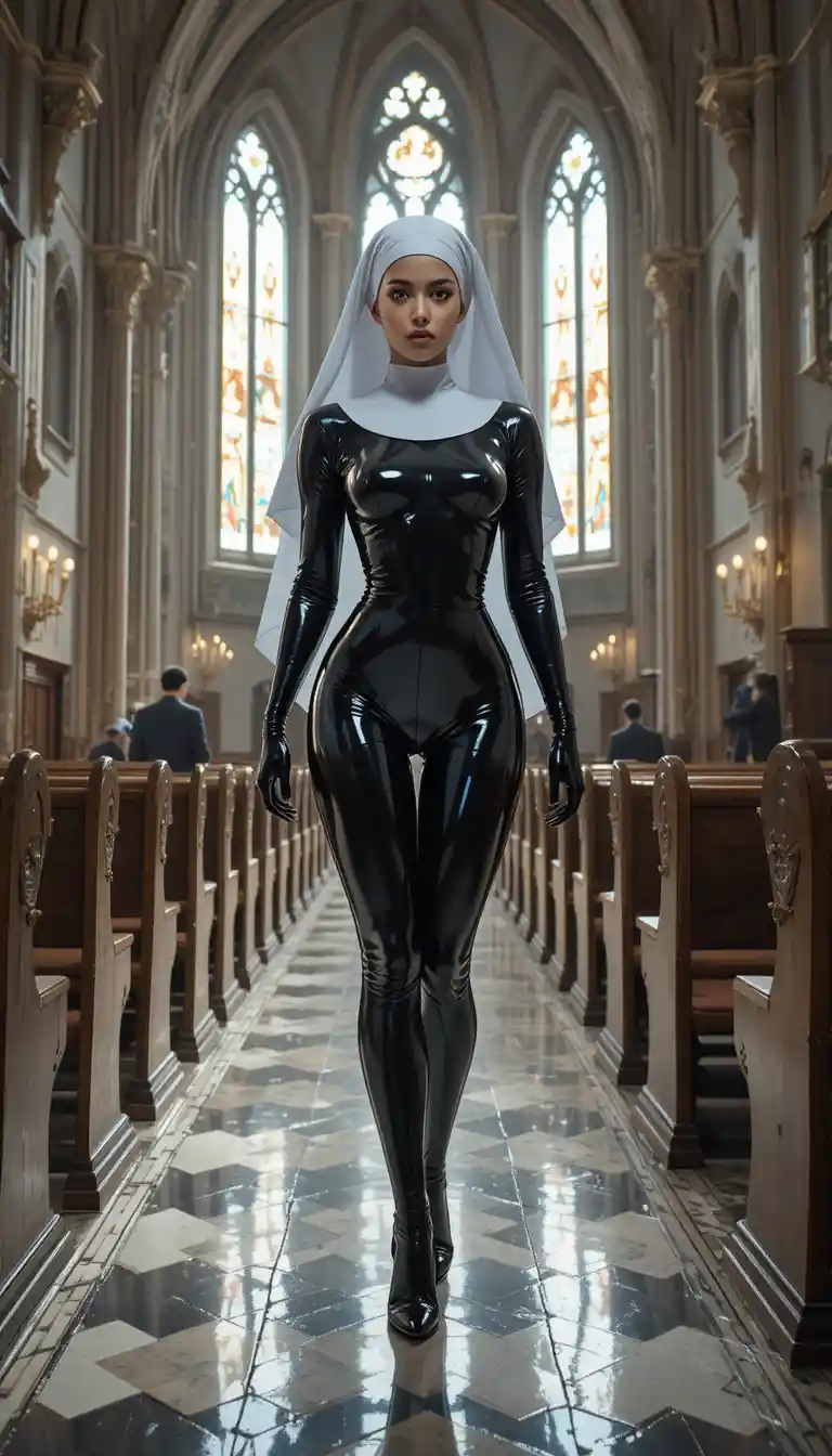 Latex clad nun standing in a vast church interior