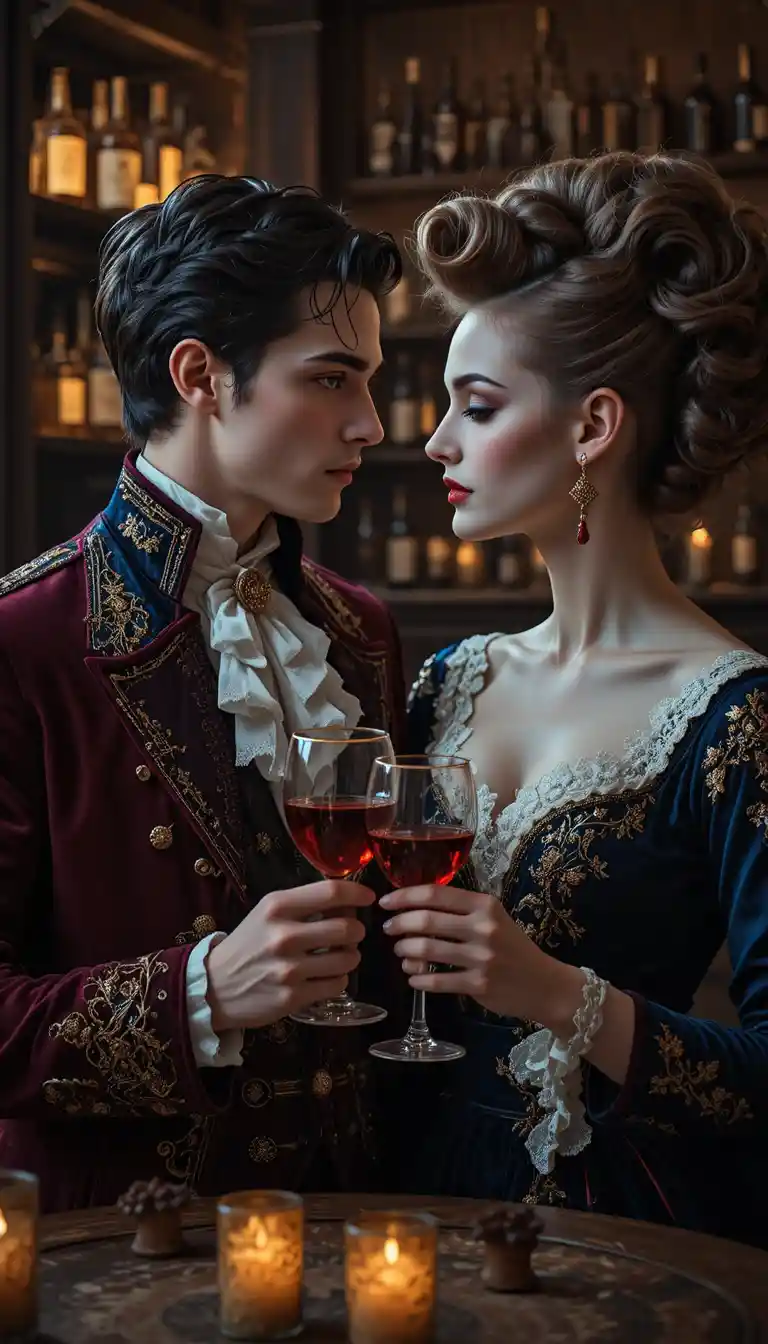 Elegant vampire couple sharing wine in a candlelit bar