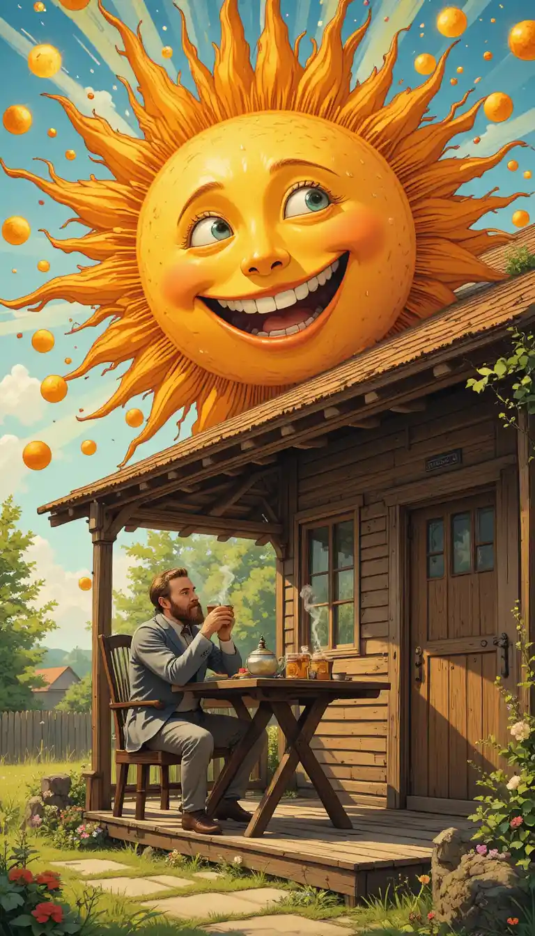 Hombre bebiendo té con sol sonriente en porche rústico de campo