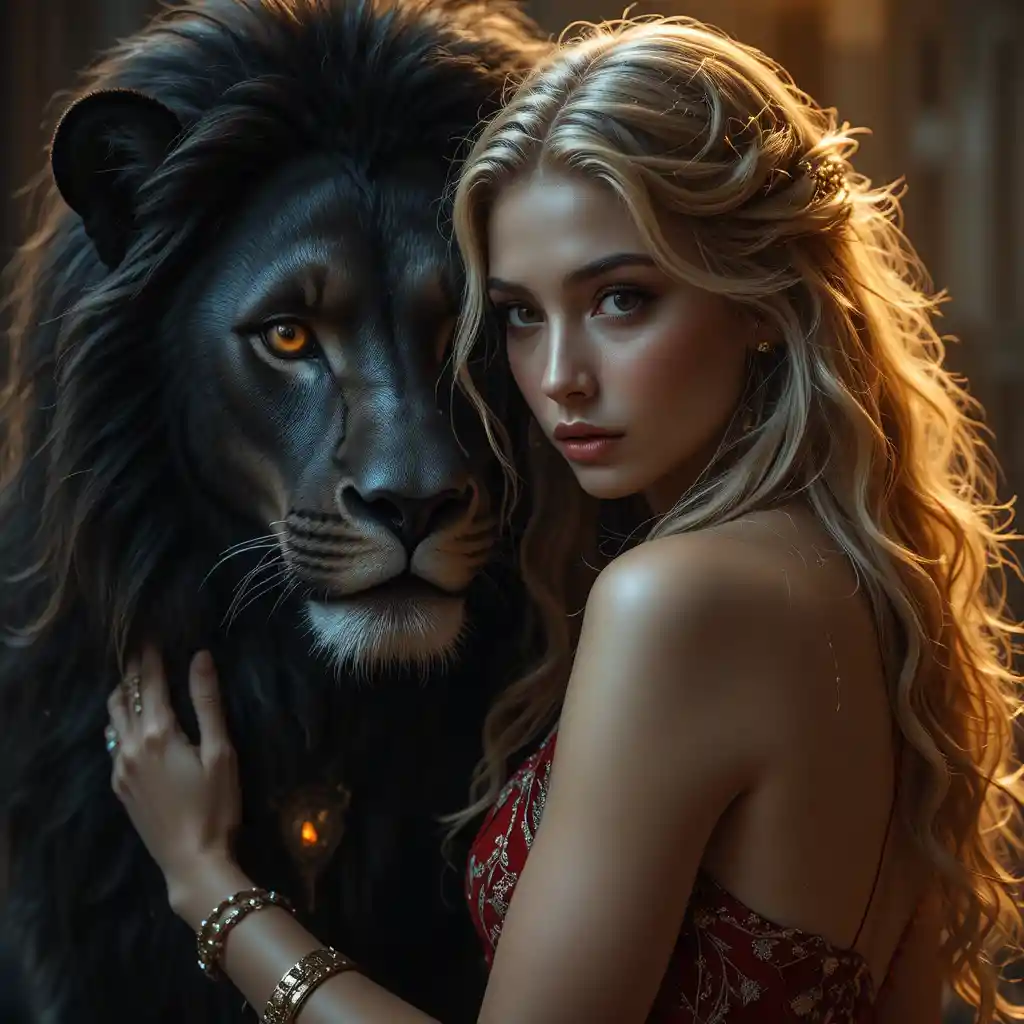 Woman in red embracing a black lion with golden eyes