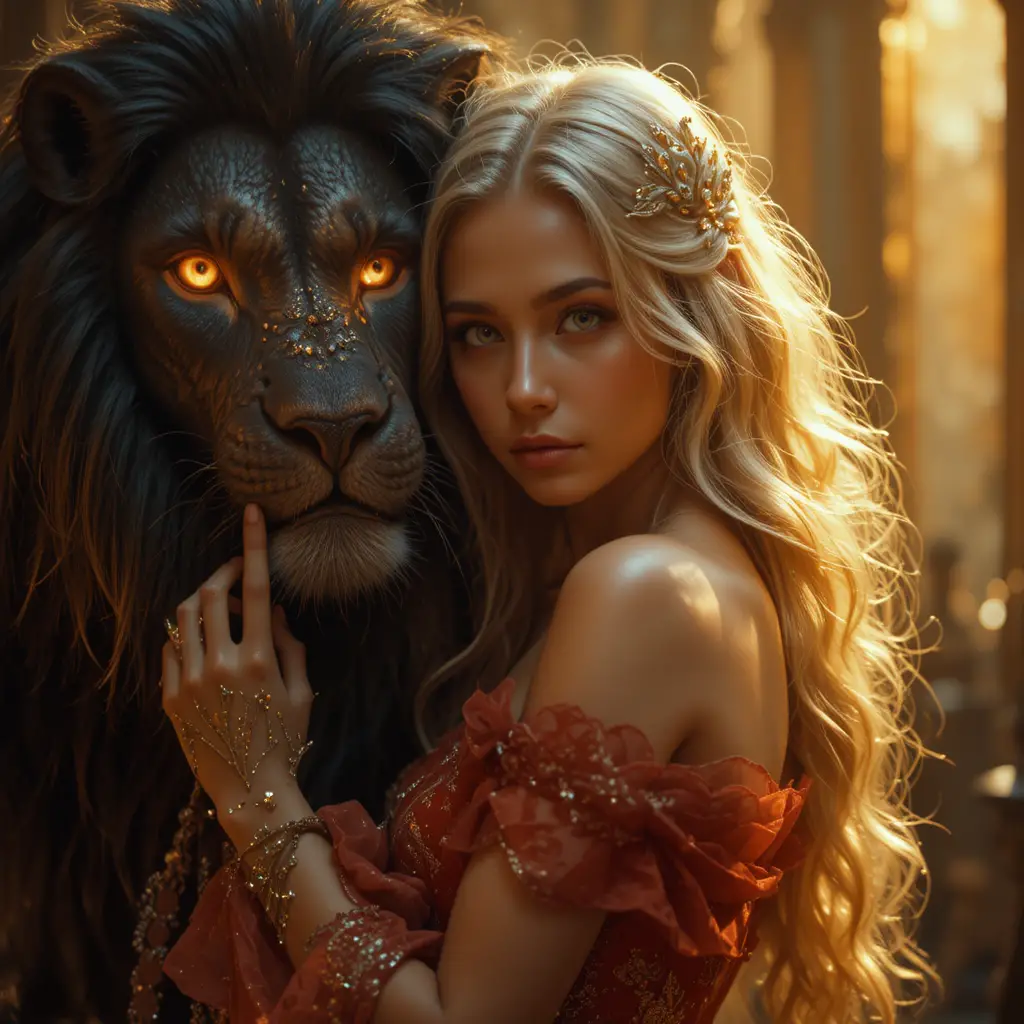 Donna in Rosso che Abbraccia un Maestoso Leone Nero