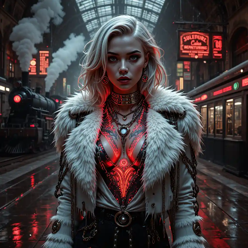 Noir femme fatale in futuristic train station