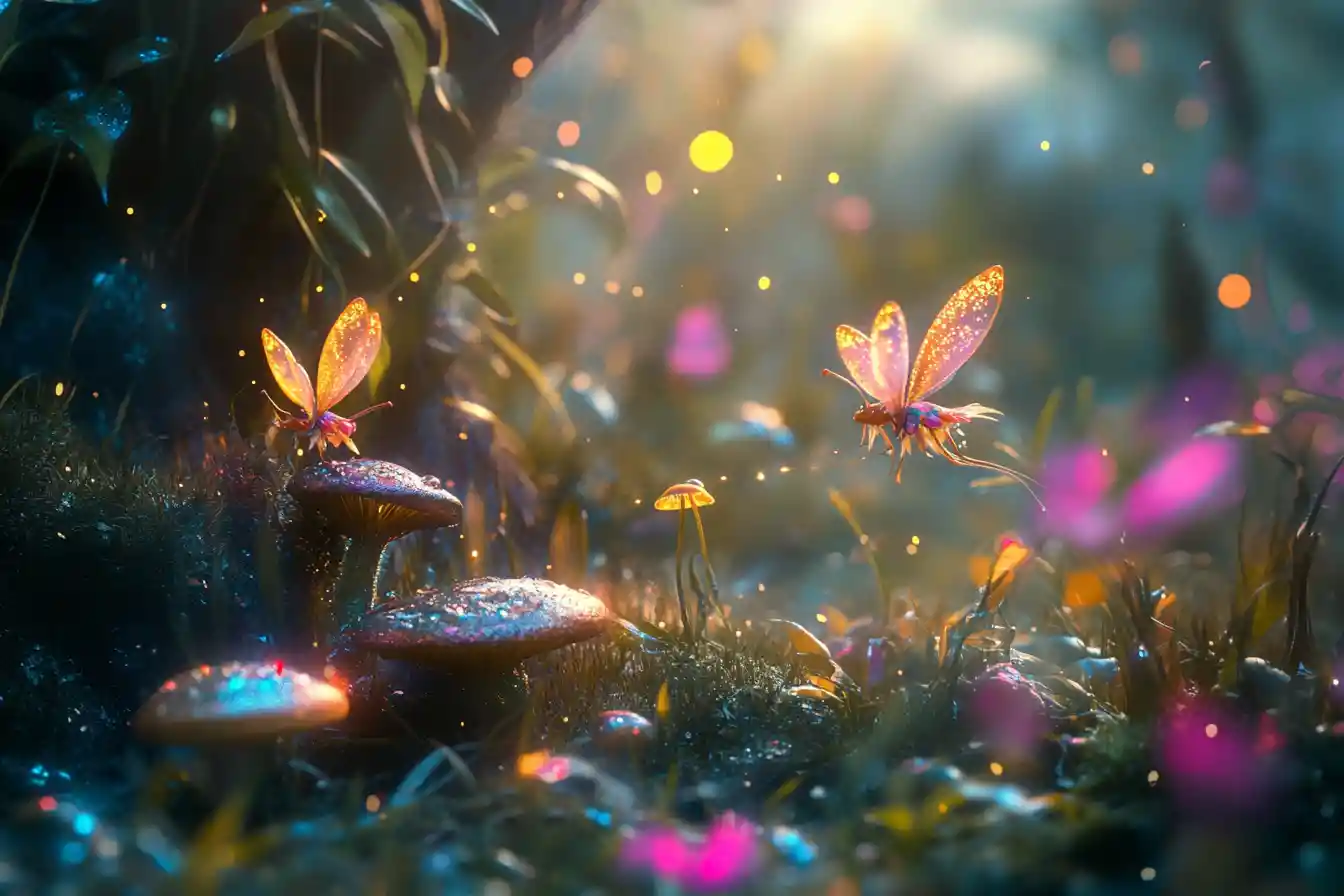 Cute fairies playing with glowing dewdrops in grass