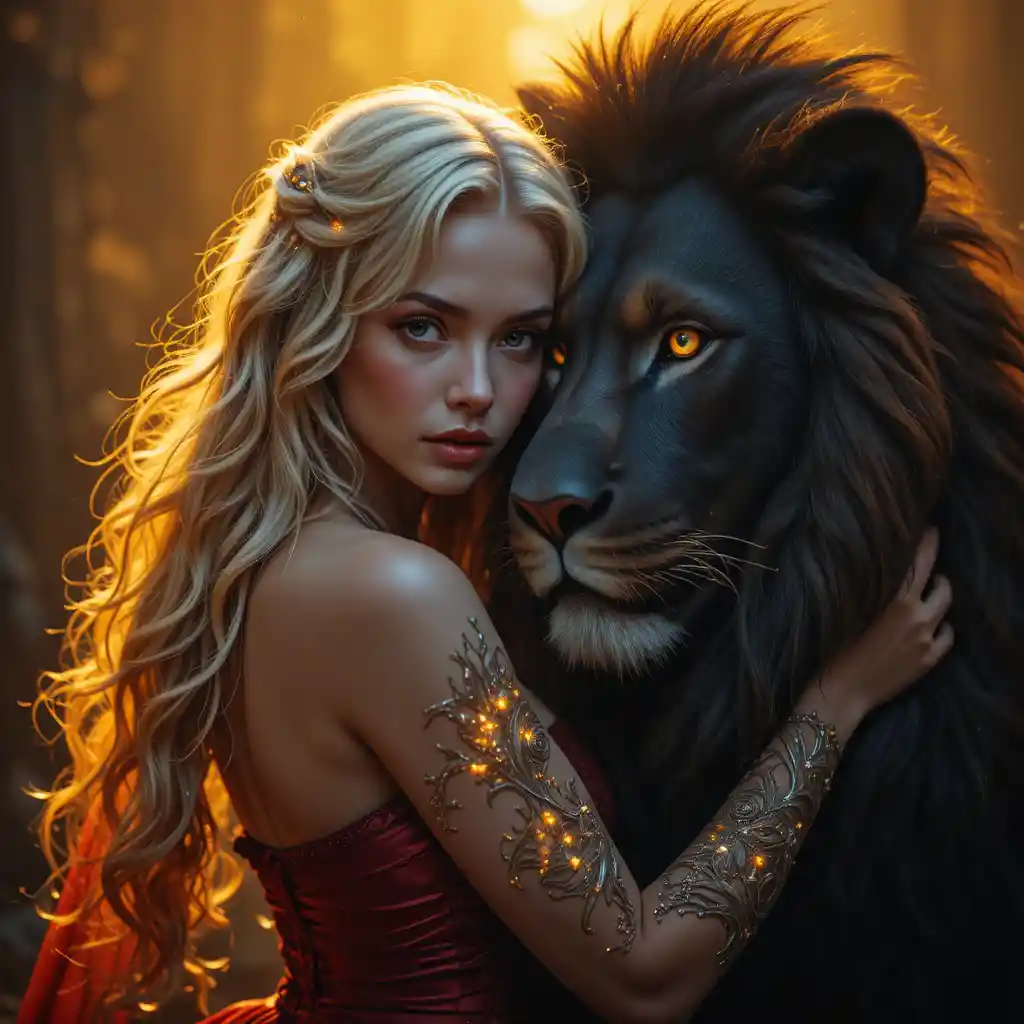Woman in red embracing black lion under golden glow