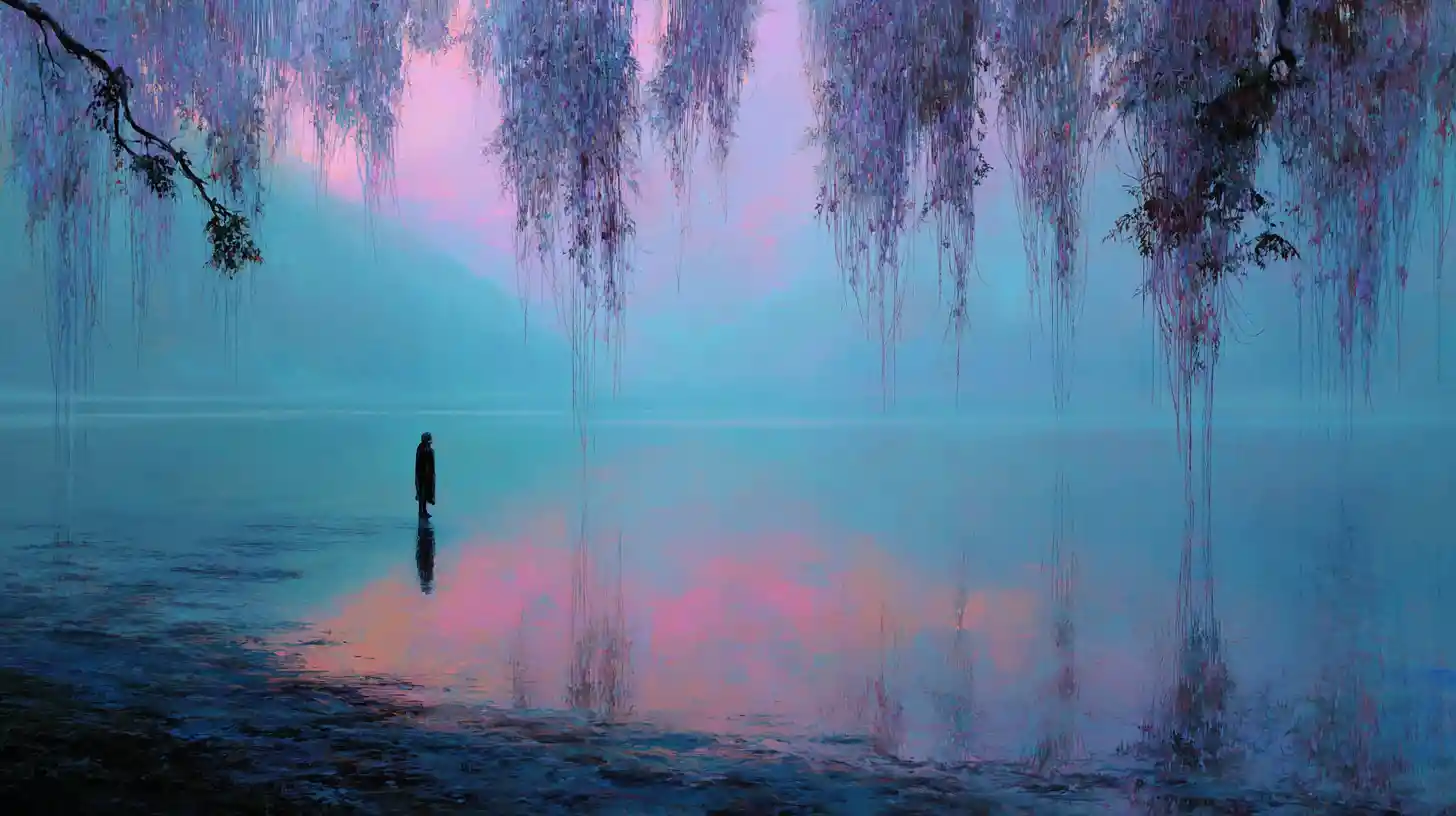 Man by a reflective lake under a surreal floating canopy