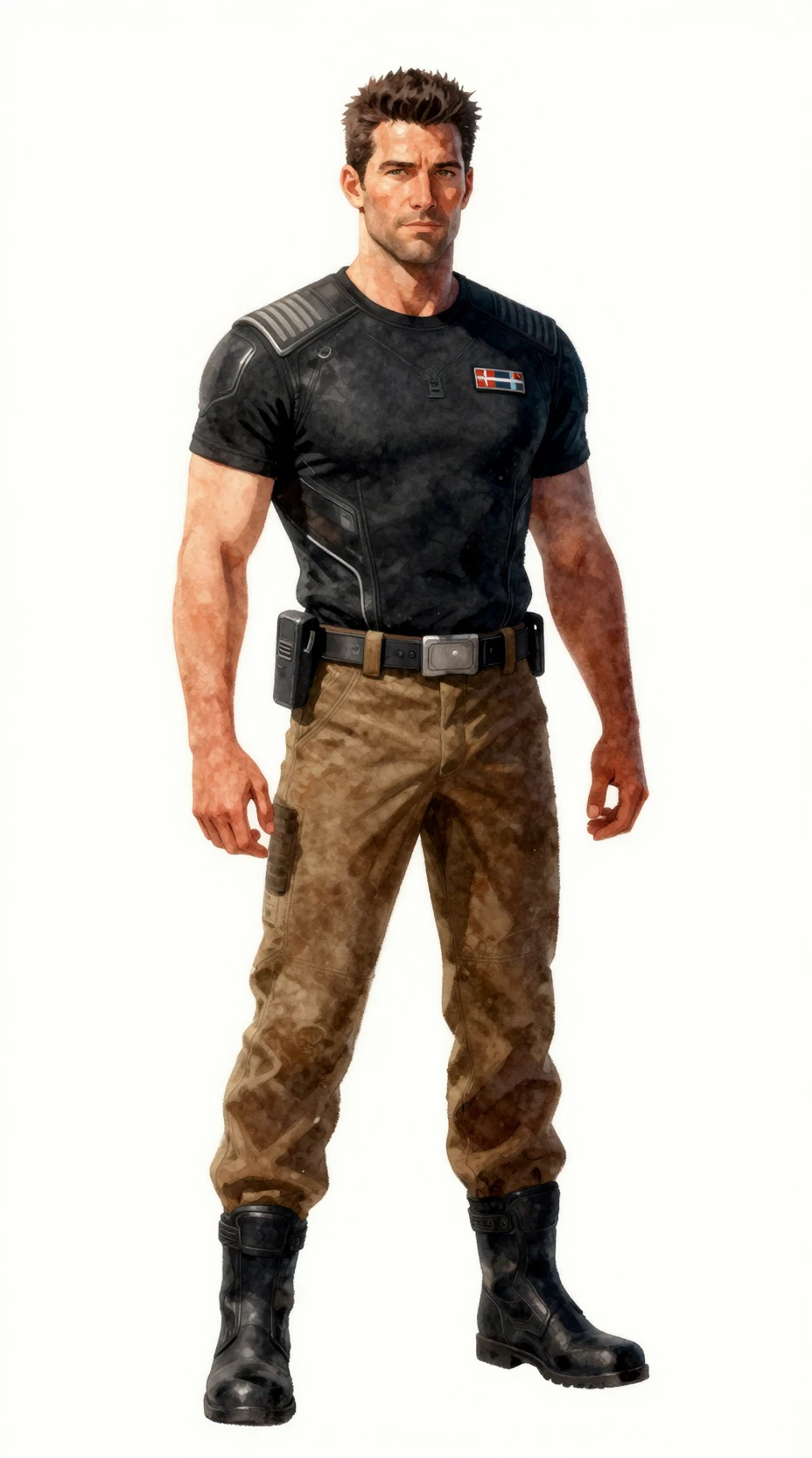 Futuristic starship captain in uniform against white background
