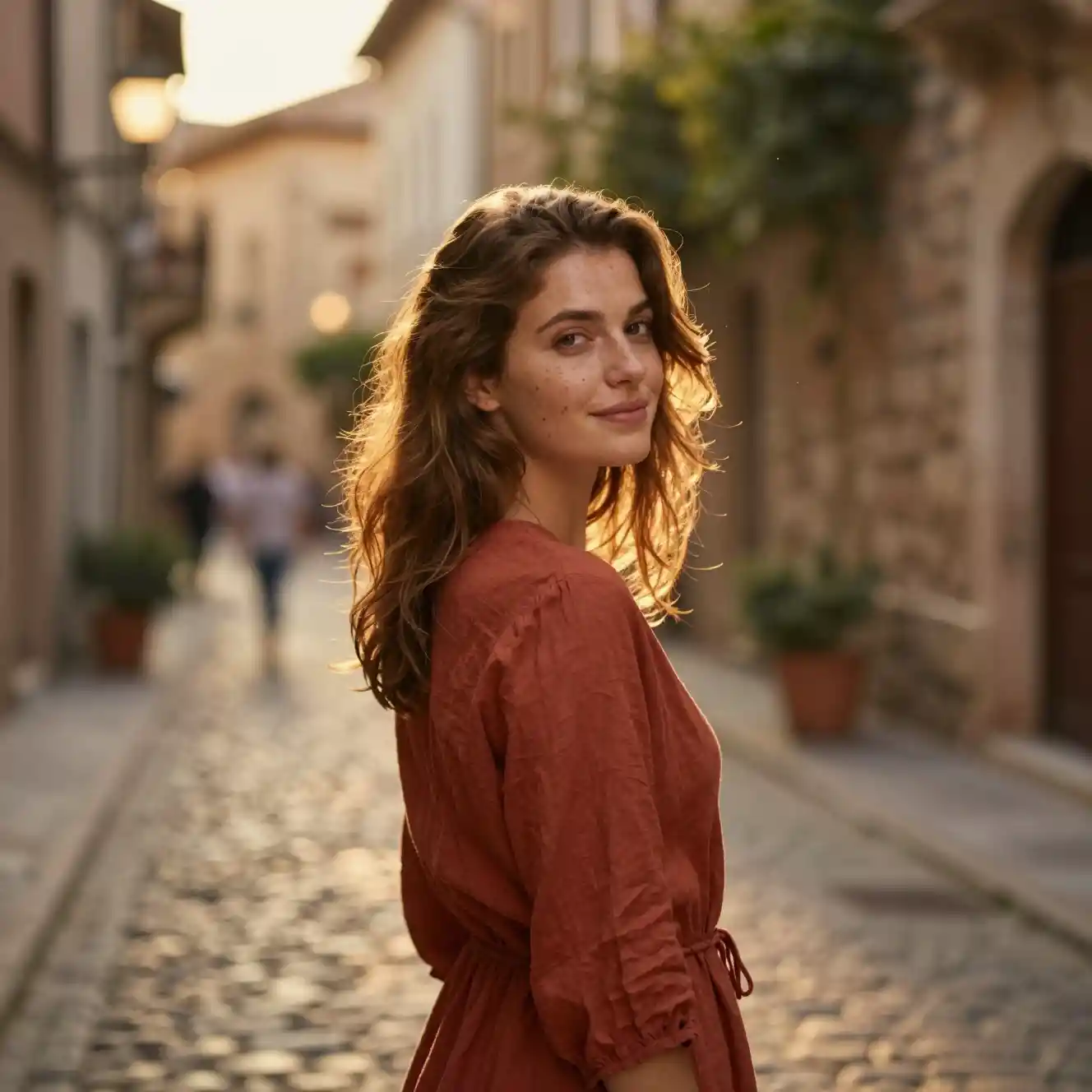 Young woman in golden hour light in old town alley