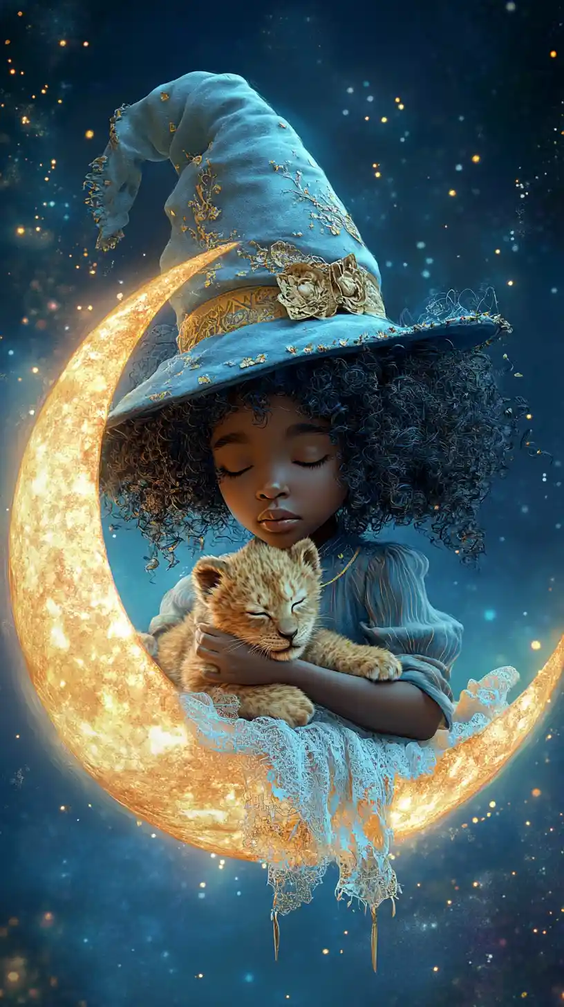 Young child with lion cub in glowing celestial crescent