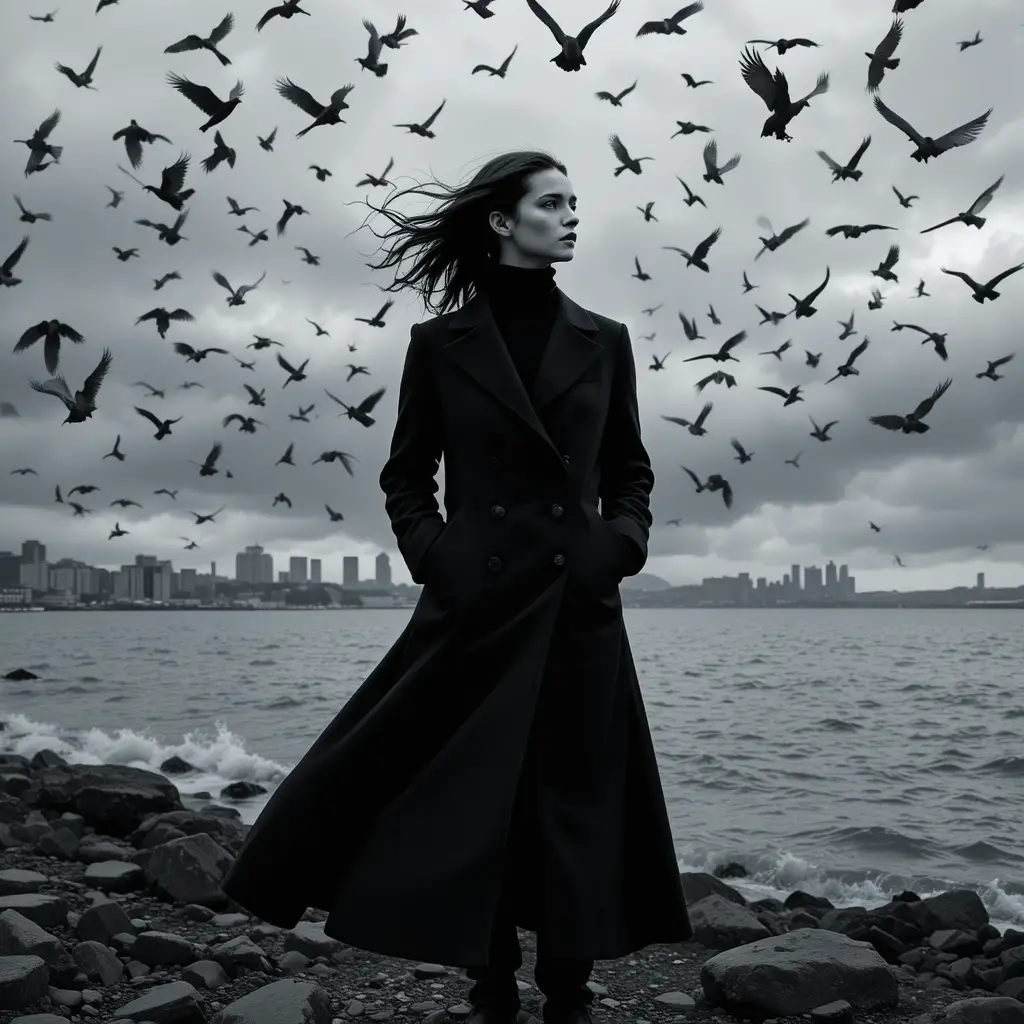 Woman in black coat on rocky shore with circling crows