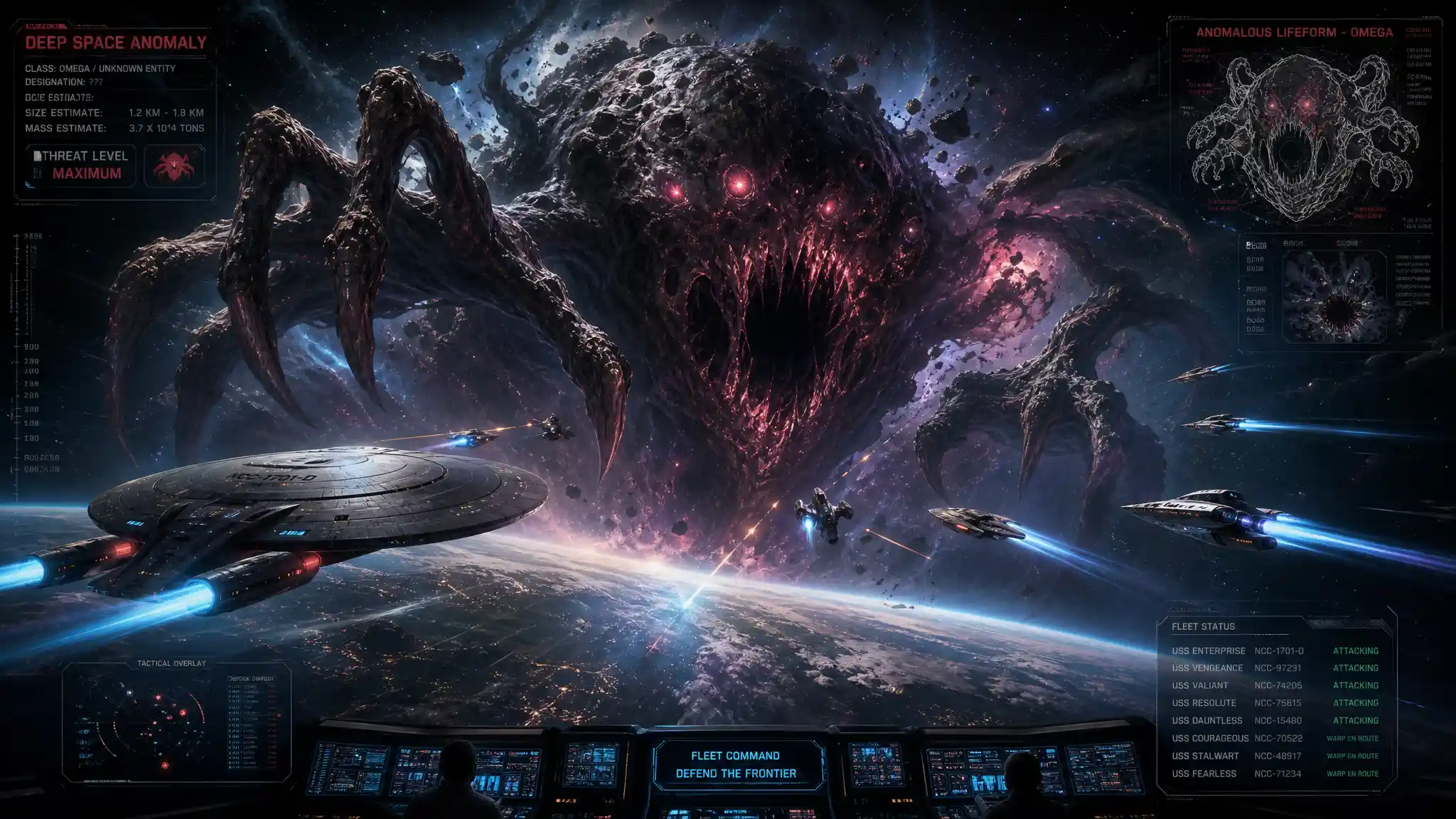 Colossal cosmic monster looming above a distant planet