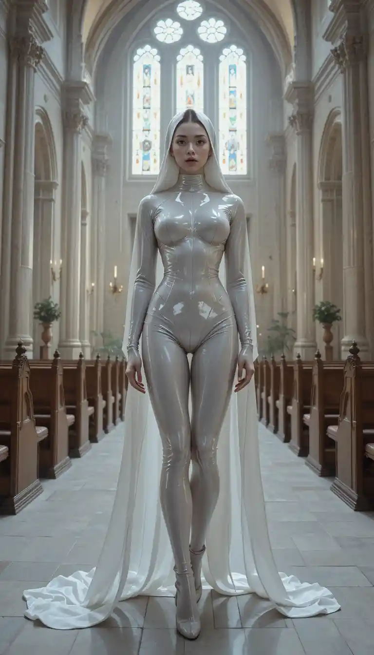 Latex clad nun standing in a vast church interior