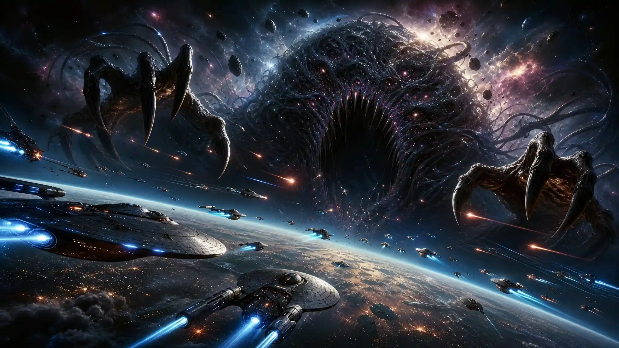 Colossal space monster looming above a distant planet