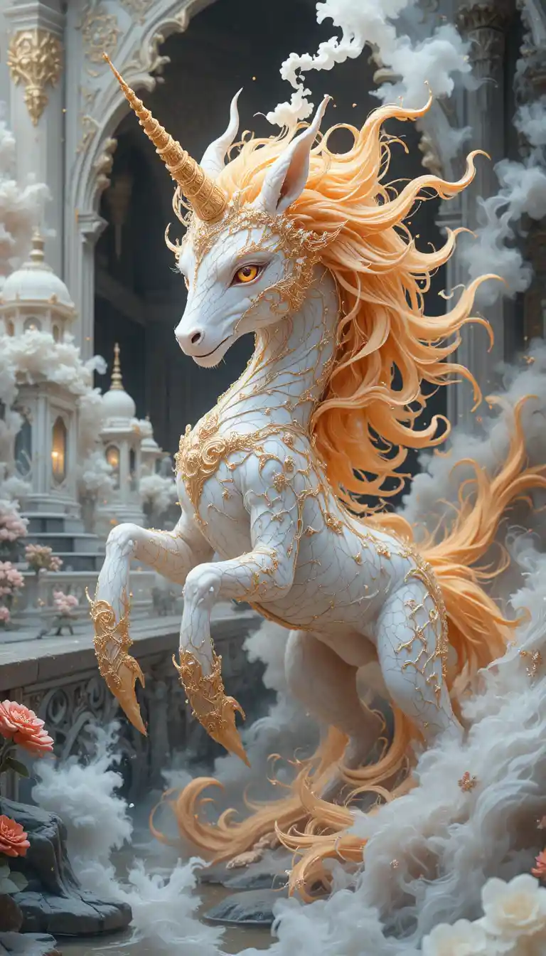 Delicate mythical creature by a white fairy tale palace