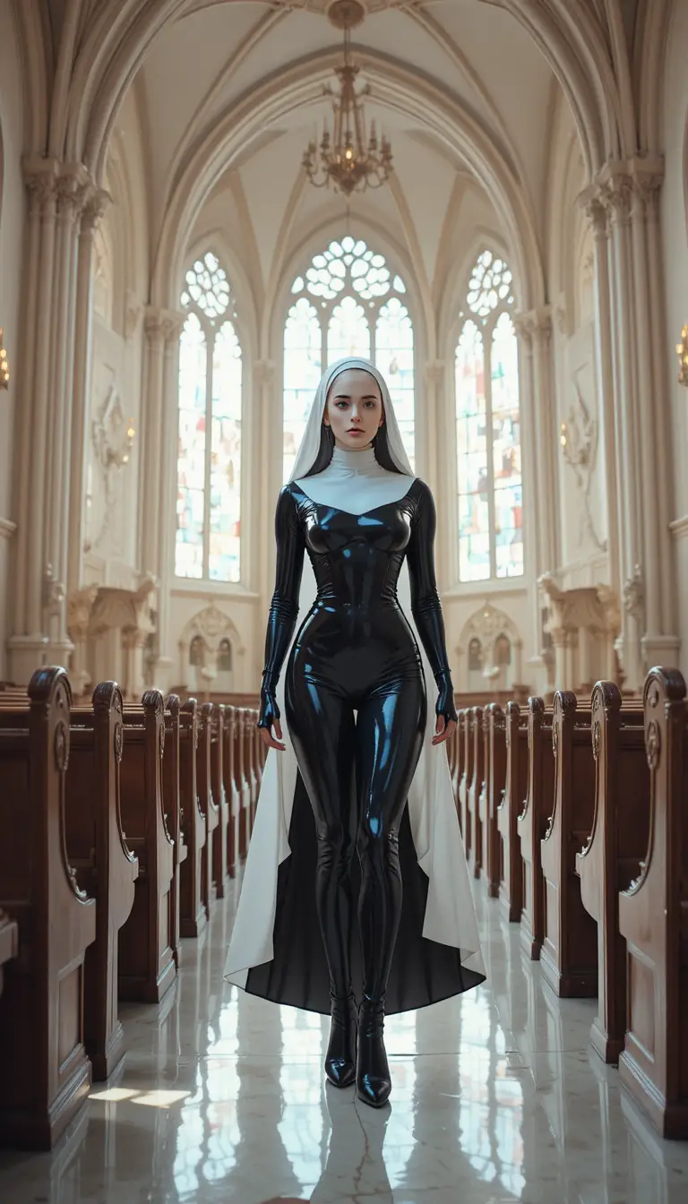 Latex Clad Nun Standing In Vast Church Interior