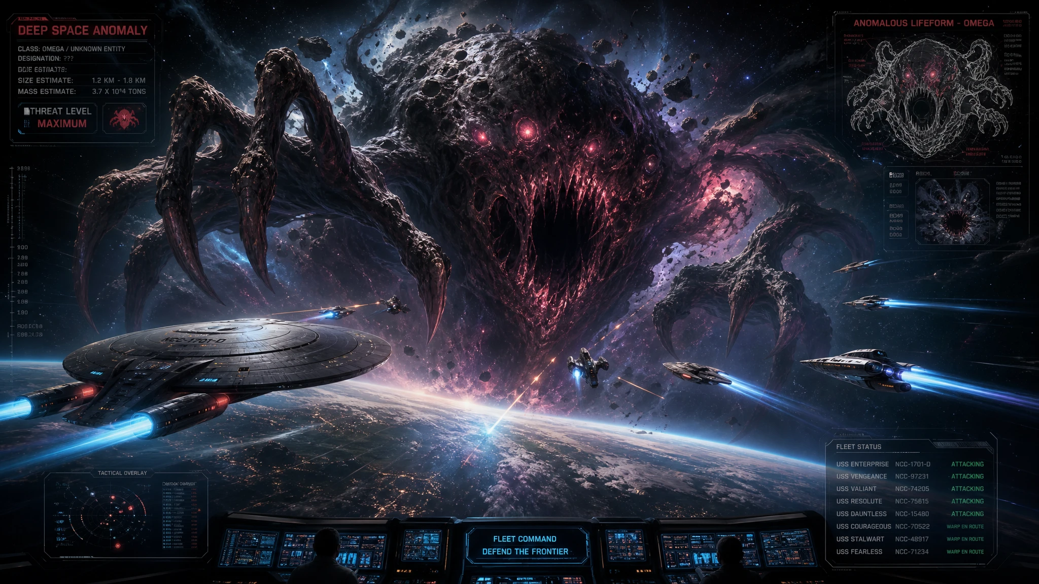 Colossal cosmic monster looming above a distant planet