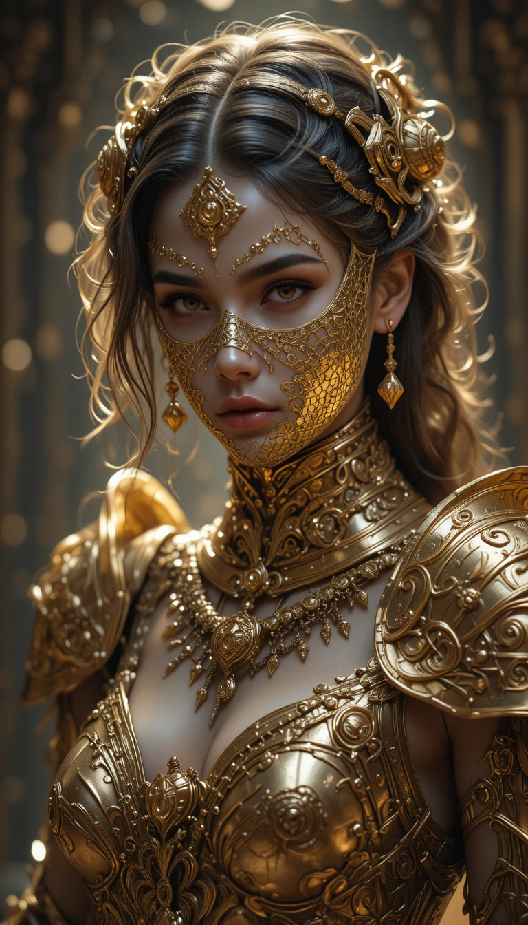 Regal fantasy woman in ornate golden armor portrait