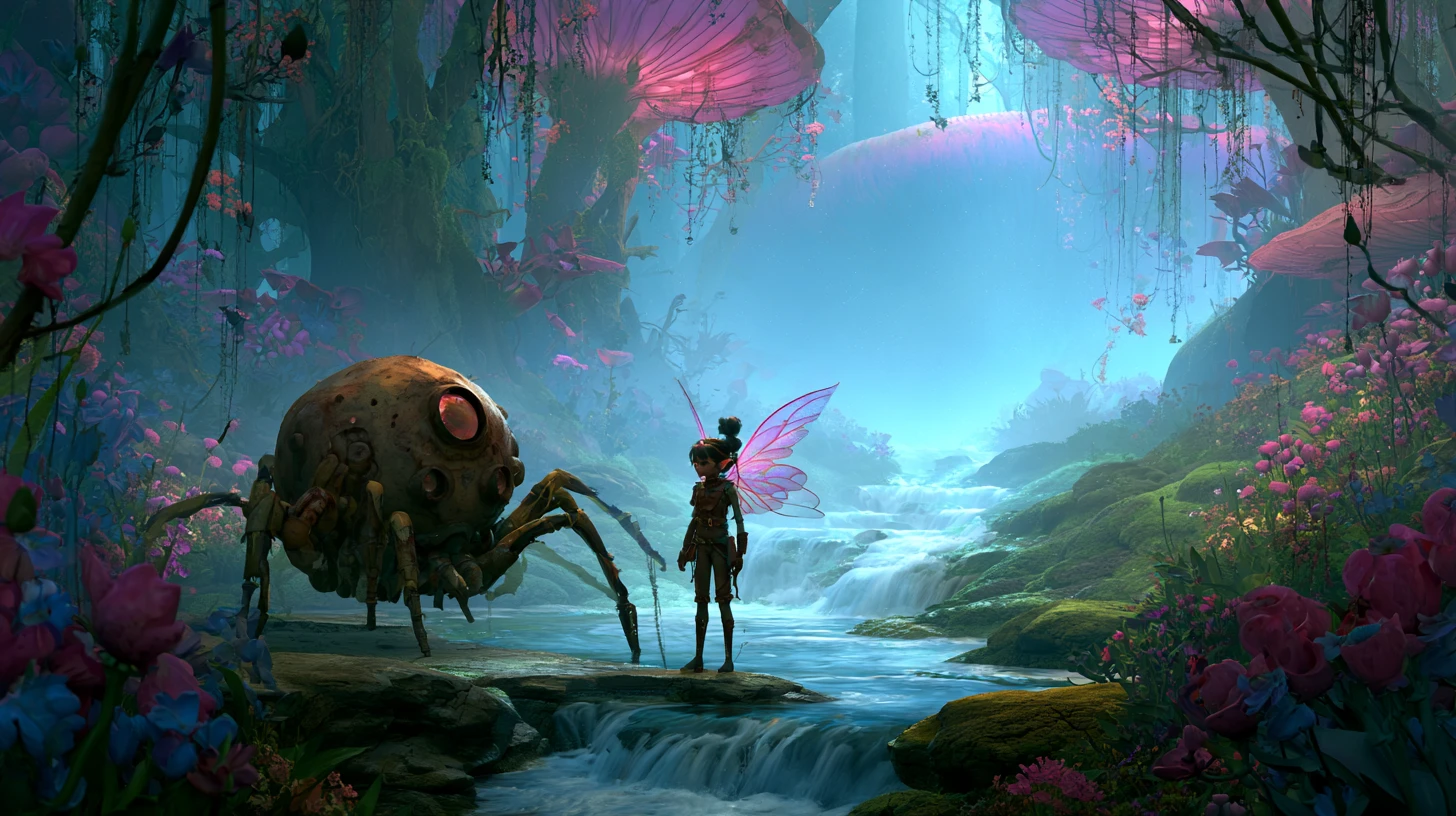 Fairy warrior girl before her spider ally in forest