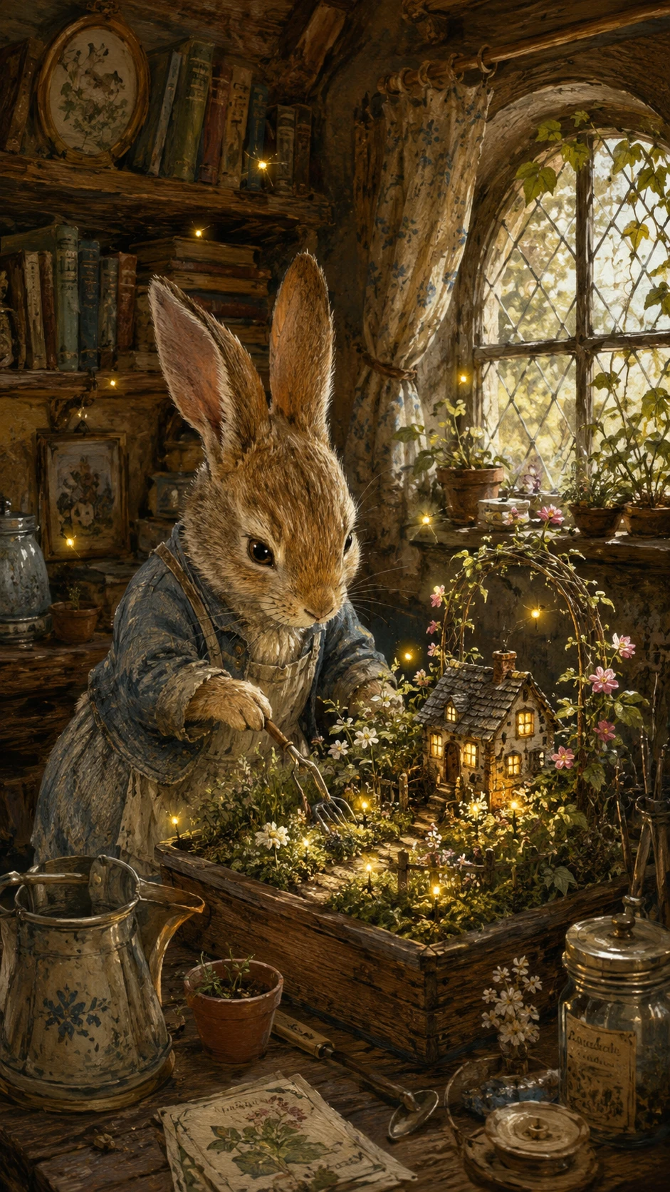 Anthropomorphic Rabbit Gardening In A Cozy Cottage Room