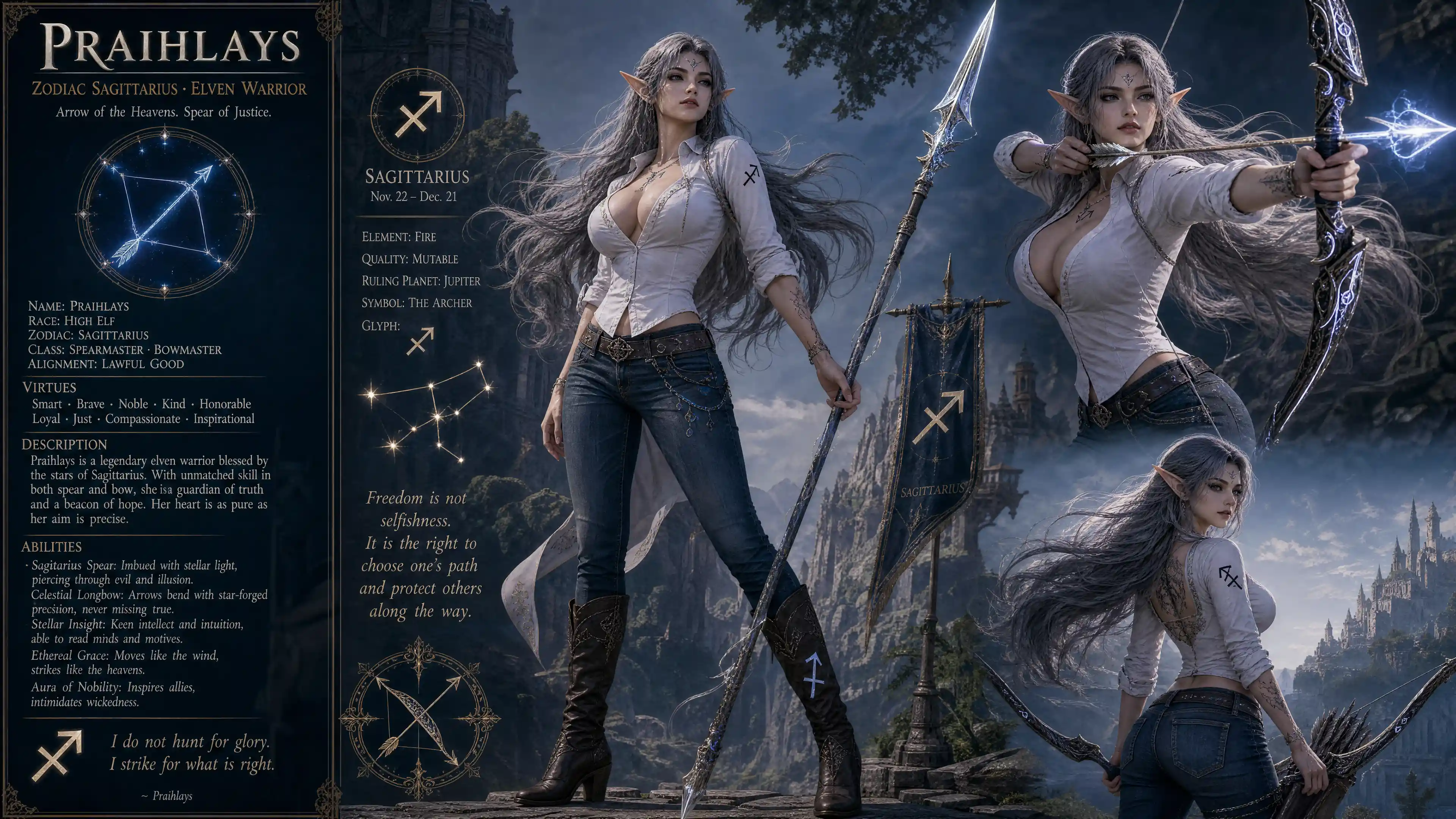 Strong female elf warrior with spear and longbow