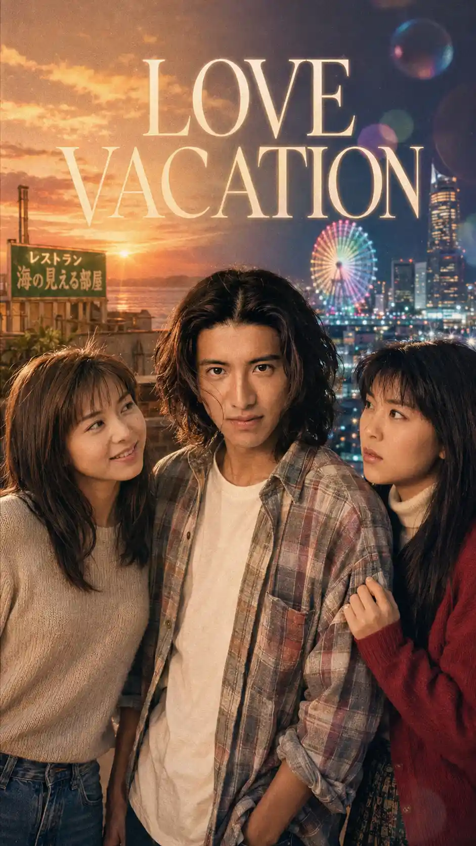 90s style Japanese romance trio on city rooftop