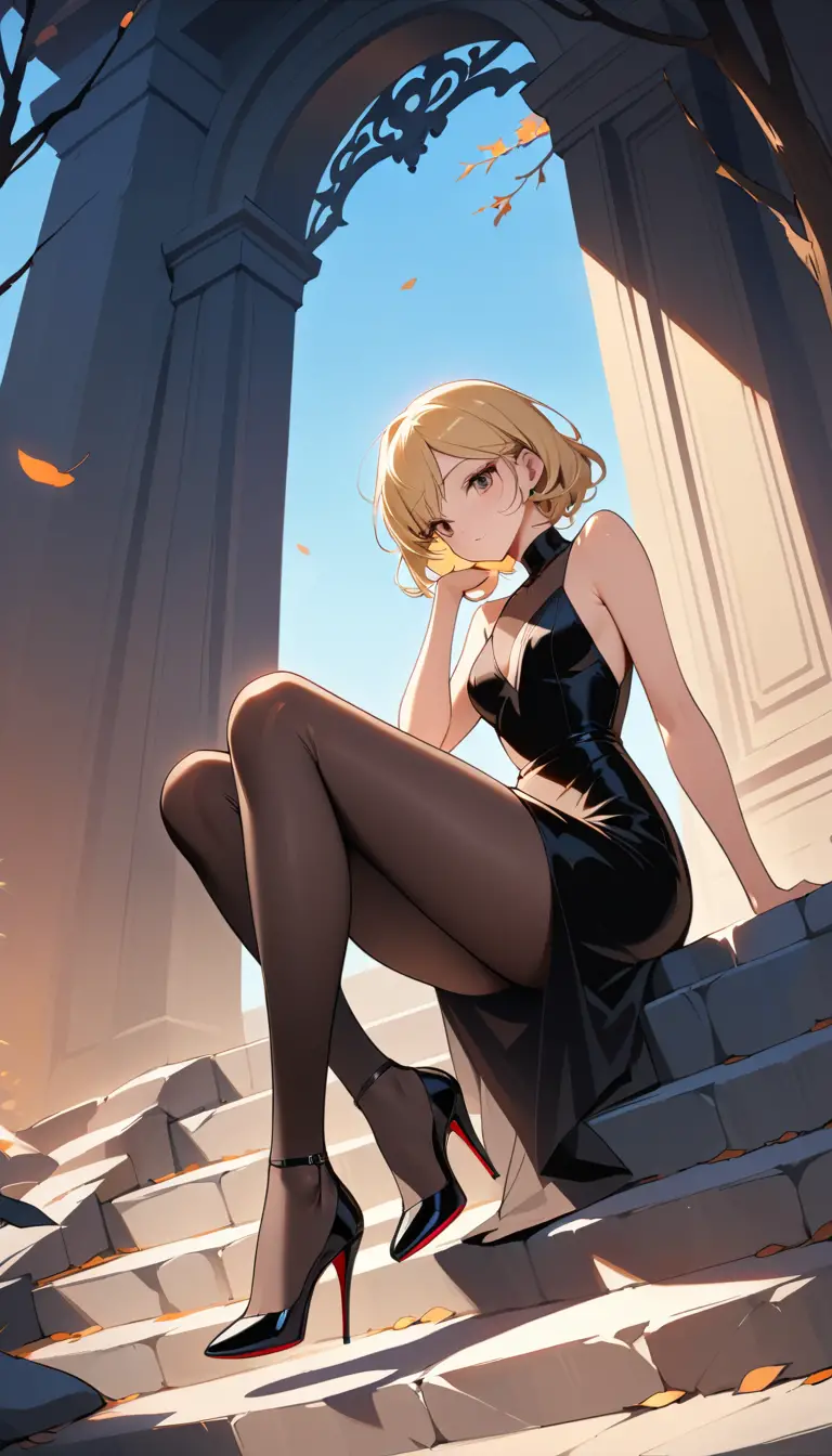 Elegant woman in black dress on stone outdoor steps