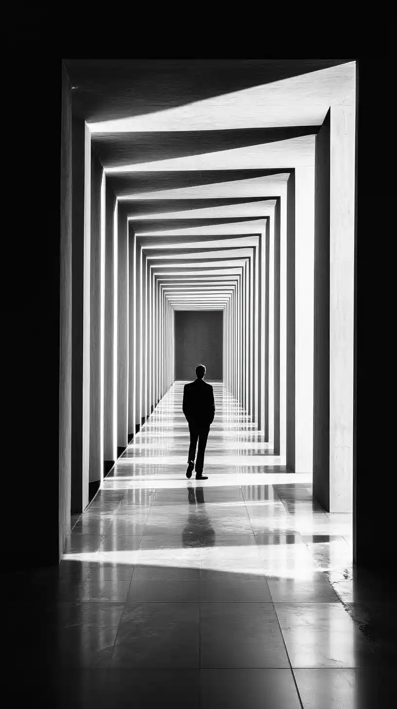 Monochrome figure opening into an endless repeating corridor